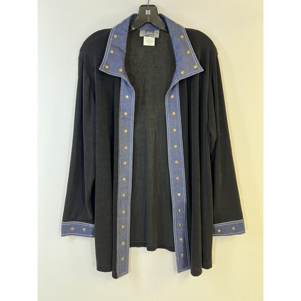 VTG SLINKY BRAND Open Cardigan Top Womens XL Made in USA Long Sleeve Black/Denim